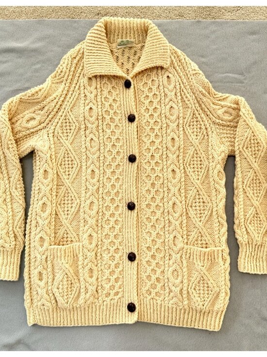 Shop At Jury's Other - Vintage Irish Wool Sweater Hand Knit Cardigan Collar Ivory Chunky Fisherman READ